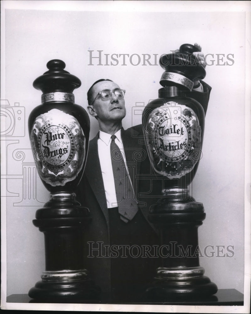 1955 Press Photo 4' hand blown glass jars for "Pure Drugs" and "Toilet Articles"