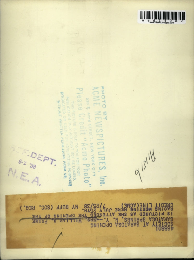 1938 Press Photo Mrs. William Prime at season opening, Saratoga Race Track NY