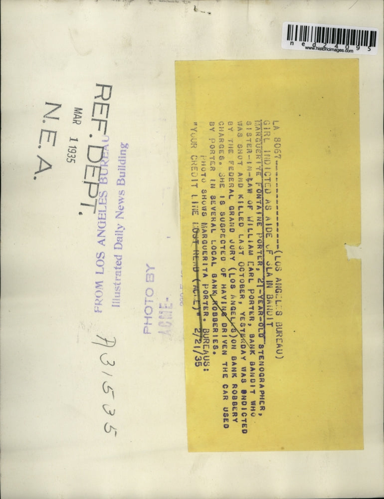 1935 Press Photo Marguerite Fontaine indicted as aide of bandit W. E. Porter