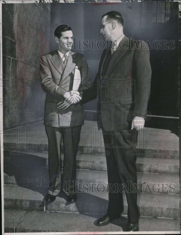 Load image into Gallery viewer, 1952 Press Photo Patrick Langan and atty Arnold Ginsberg outside court, NY
