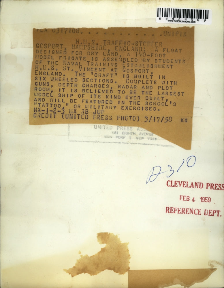 1958 Press Photo Gosport Hampshire England 140 ft model frigate assembled by