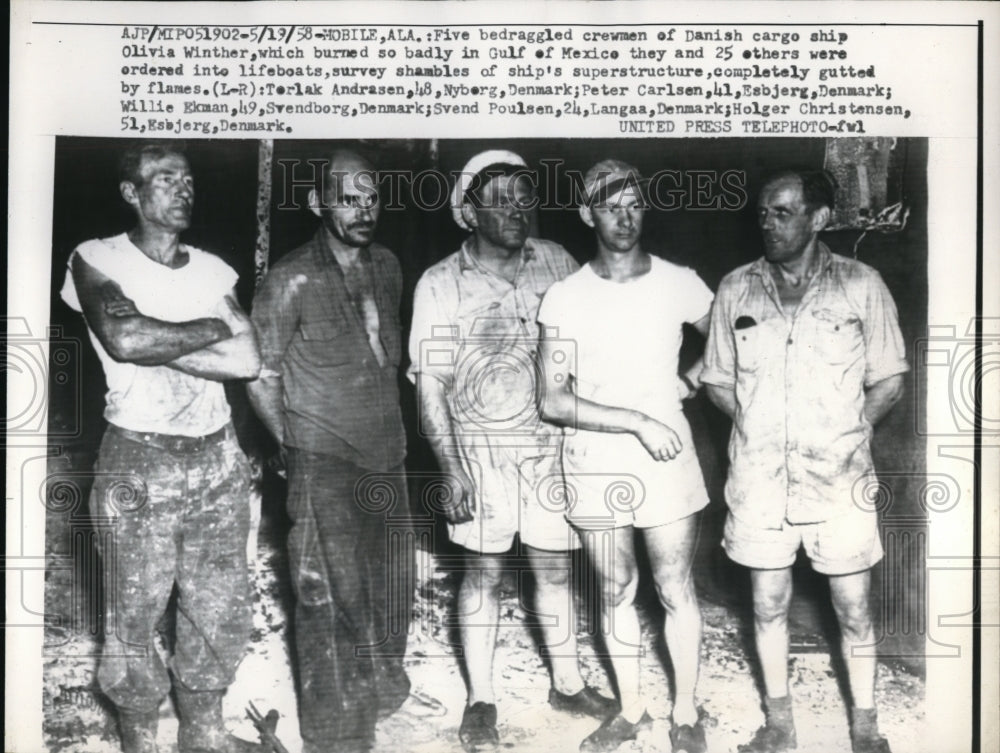 1958 Press Photo Mobile Ala Danish ship fire survivors Andrasen, Carlesen,