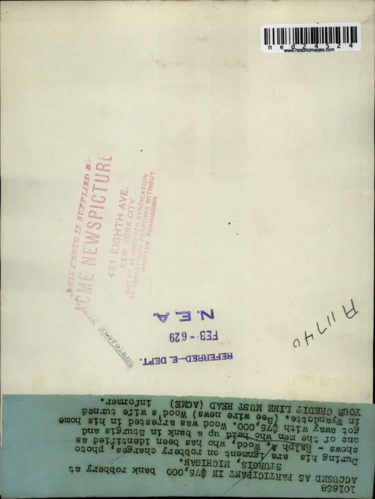 1929 Press Photo at arraignment on robbery charges Ralph A Wood who has been