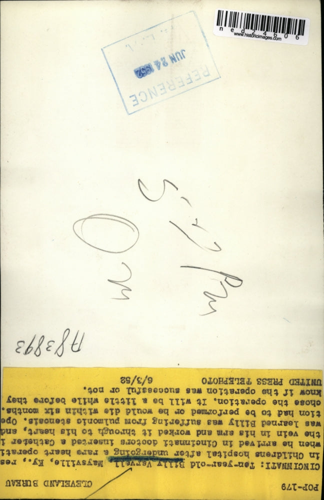 1952 Press Photo Cincinnati Billy Varvell Maysville Kentucky Hospital Heart