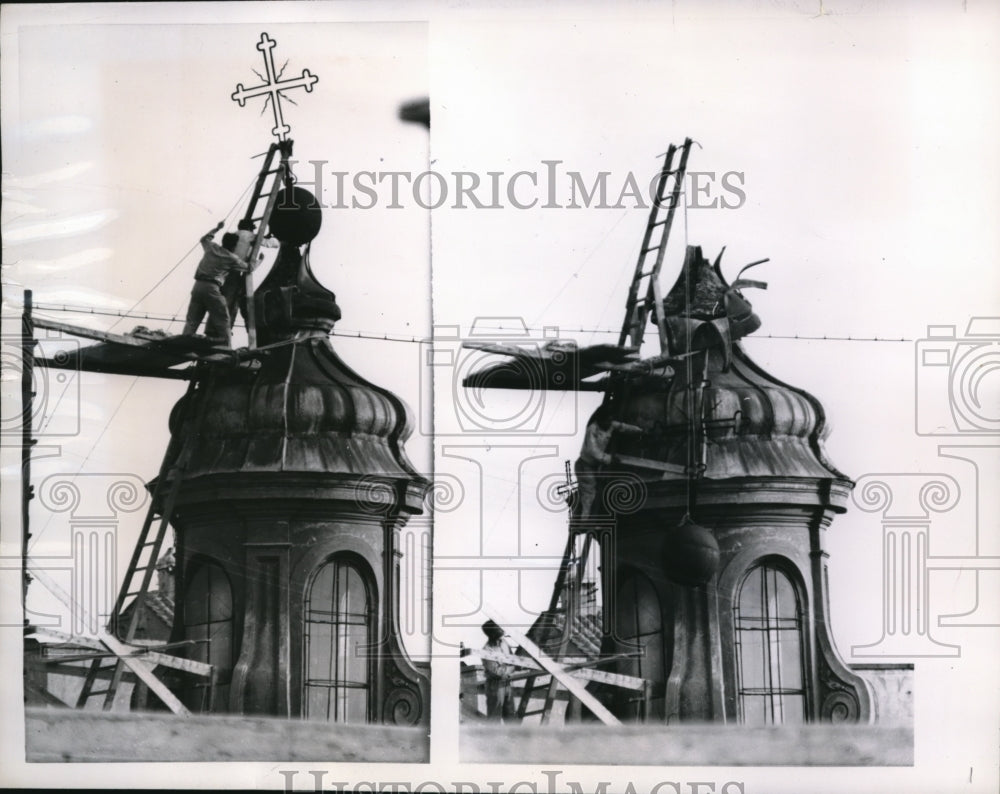 1956 Press Photo The brass ball and cross topping the San Claudio Church