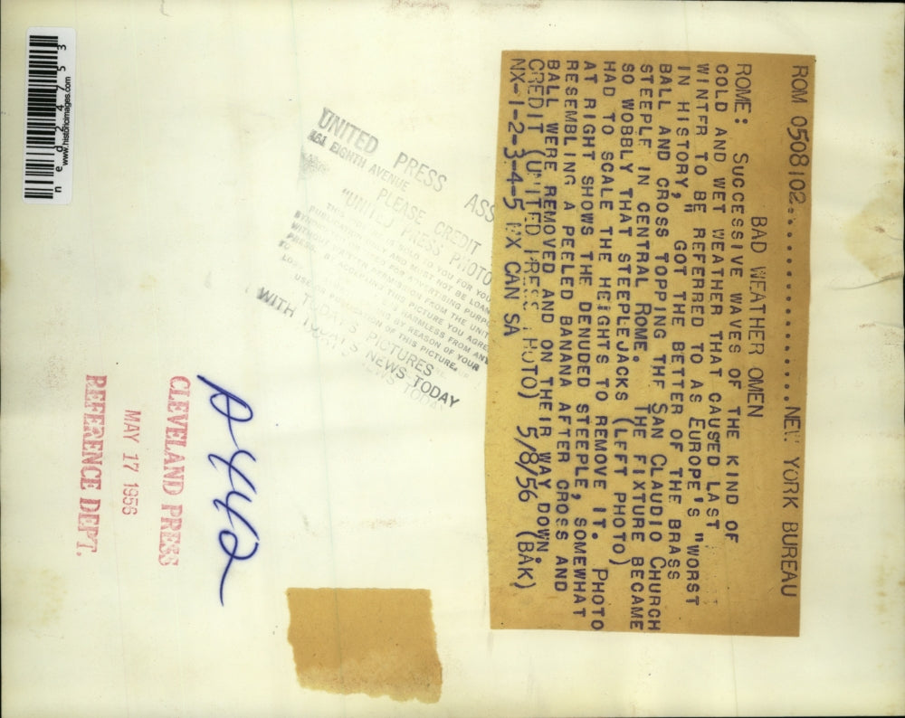 1956 Press Photo The brass ball and cross topping the San Claudio Church