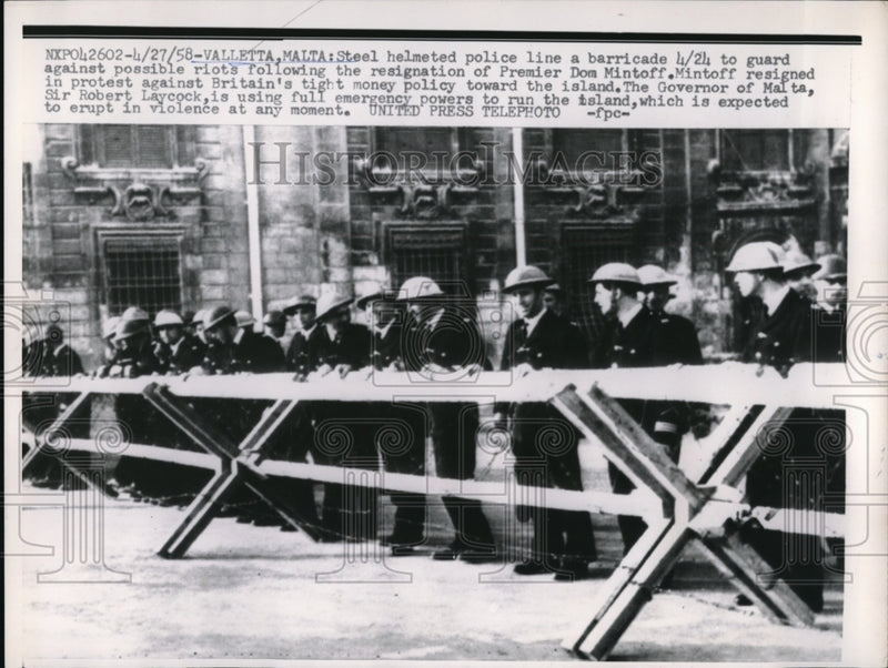 Load image into Gallery viewer, 1958 Press Photo Steel helmeted Police line a barricade to guard against
