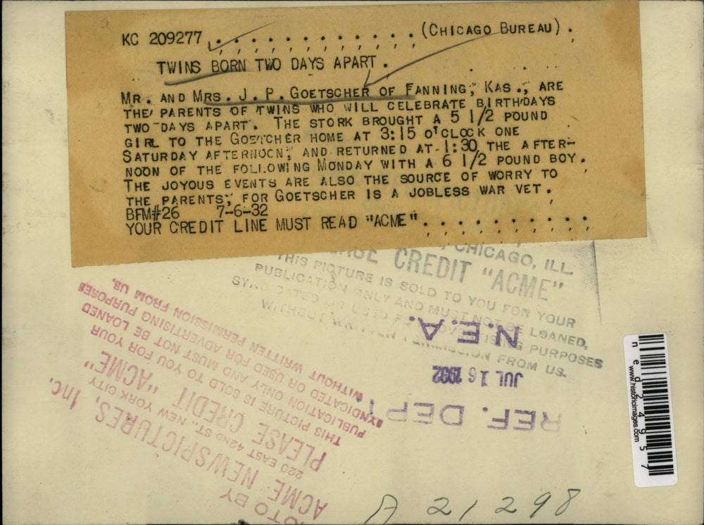 1932 Press Photo Mr. and Mrs. J.P. Goetscher The Parents of Twin Boys Born Two