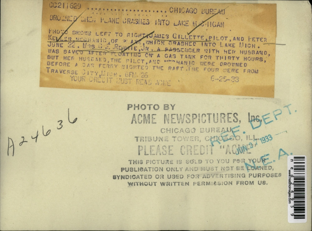 1933 Press Photo James Gillette and Peter Keller, Pilot and Mechanic, Dead After