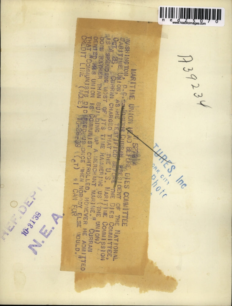 1939 Press Photo Joseph Curran President of National Maritime Union