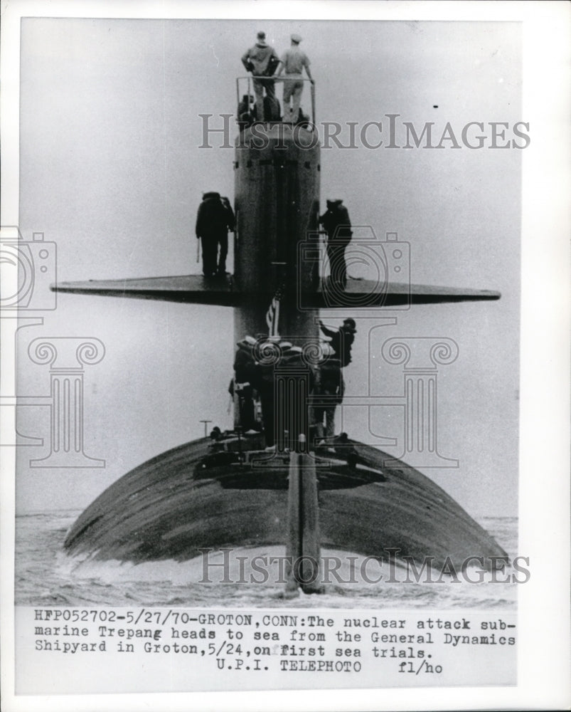 1970 Press Photo Groton Conn the nuclear attack submarine Trepang heads to sea