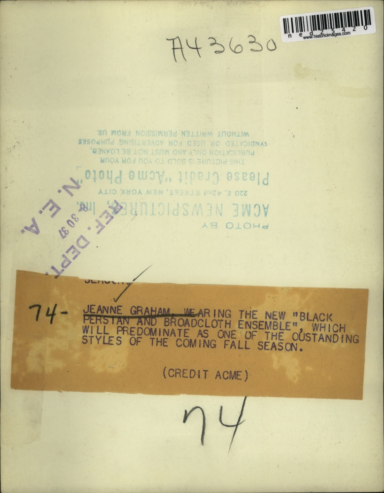 1937 Press Photo Jeanne Graham Wears New "Black Persian And Broadcloth Ensemble"