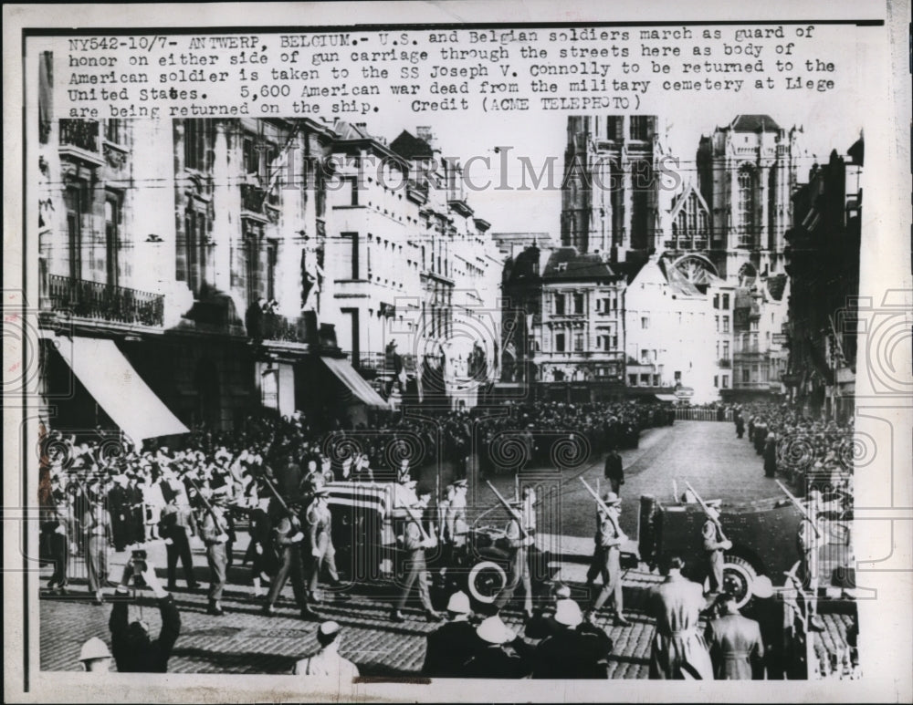 1947 Press Photo U.S. And Belgian Soldiers March As Guard Of Honor