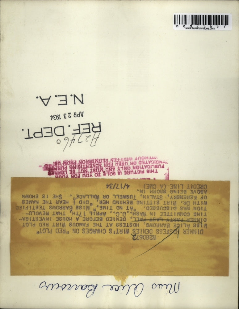 1934 Press Photo Red Plot Alice Barrows Hostess Washington D.C April 17th Stalin