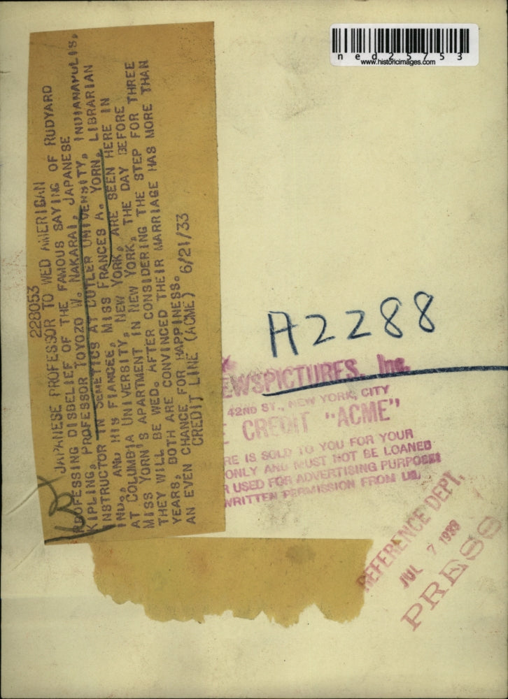 1933 Press Photo Professor Toyzo W. Nakarai with Fiancee, Miss Frances A. Yorn.