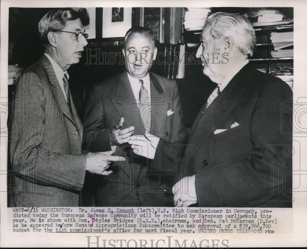1953 Press Photo Dr James Conant, Styles Bridges, and Pat McCarran in Washington