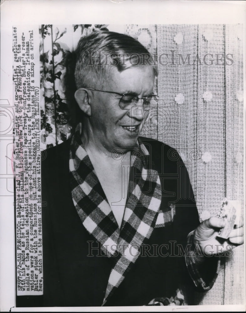 1951 Press Photo San Francisco JF Butler Bathrobe Trip New York Japanese Peace