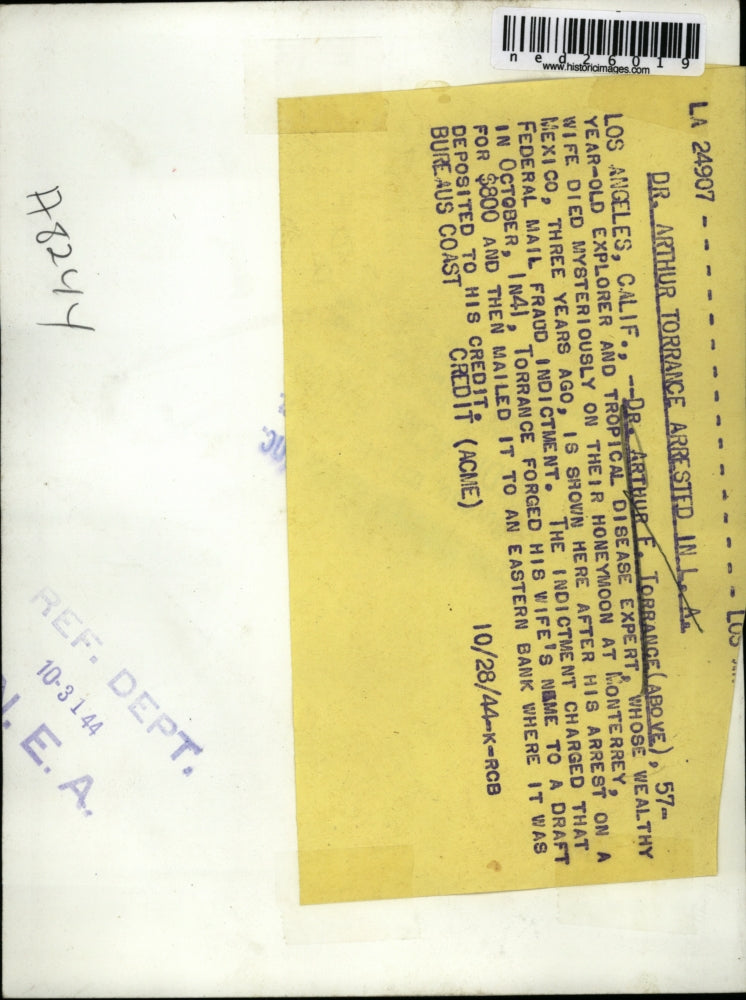 1944 Press Photo Dr. Arthur F. Torrance arrested in L.A.