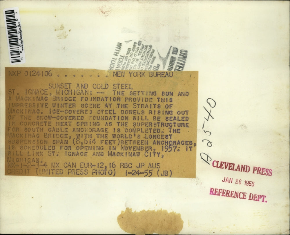 1955 Press Photo Sunset and Cold Steel rising out of the snow-covered foundation