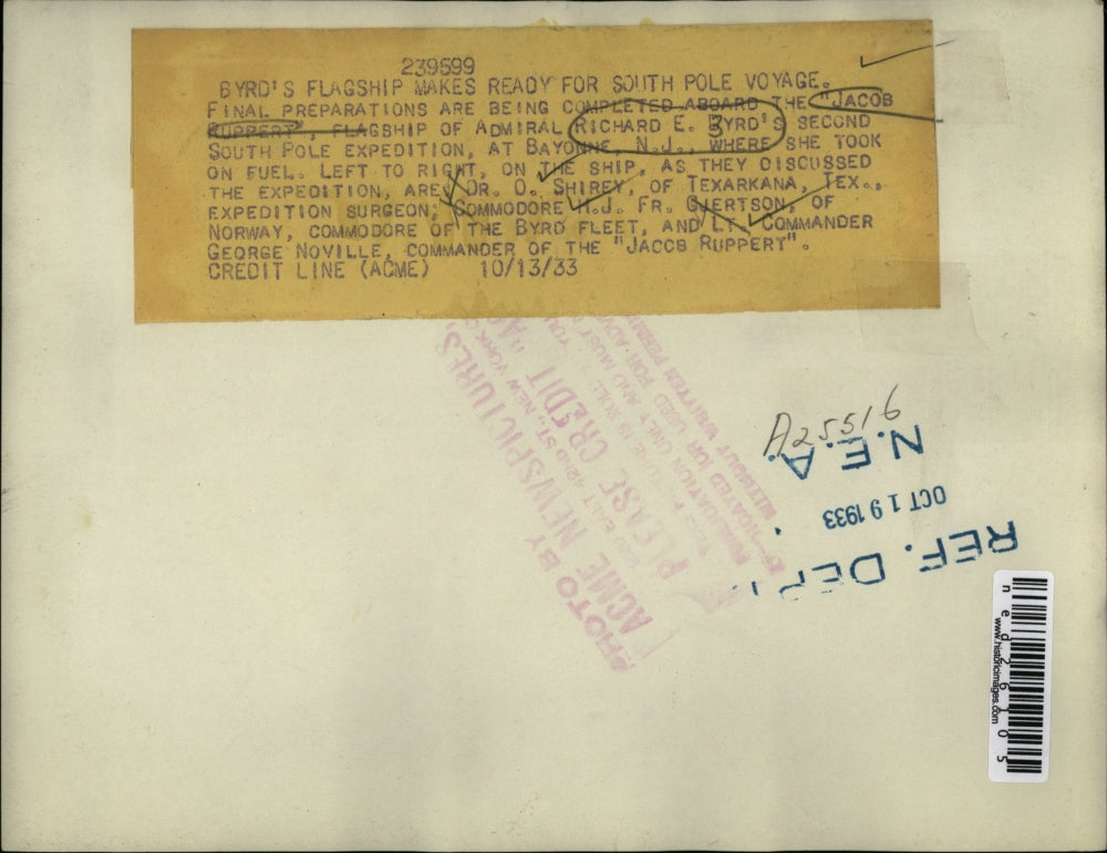 1933 Press Photo O Shirev, HJ Fr Ojertson and George Noville aboard ship