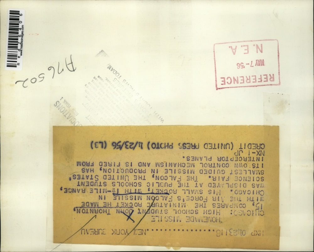 1956 Press Photo John Thornton holding his homemade missile