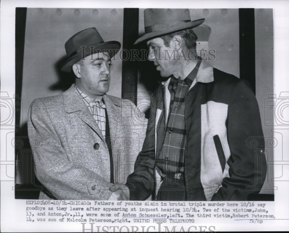 1955 Press Photo Anton Schessler and Robert Peterson,Fathers of Slain Boys, Meet