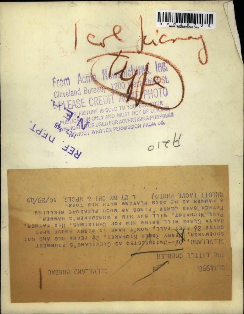 1945 Press Photo Jerry Roger Micharet, Cleveland's Youngest Shoemaker.