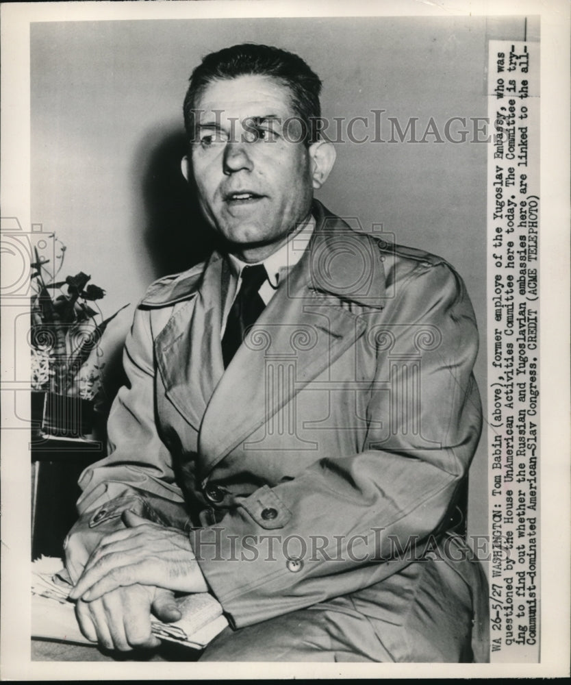 1949 Press Photo Tom Babin, former employee of Yugoslav Embassy, questioned