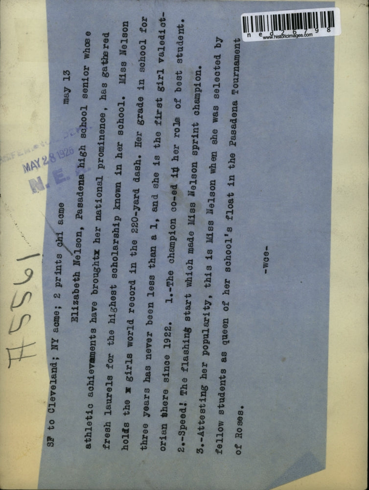 1926 Press Photo Elizabeth Nelson, Padadena High School Senior