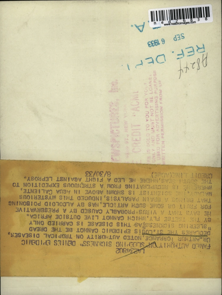 1933 Press Photo Dr. Arthur Torrance, noted authority on Tropical Disease