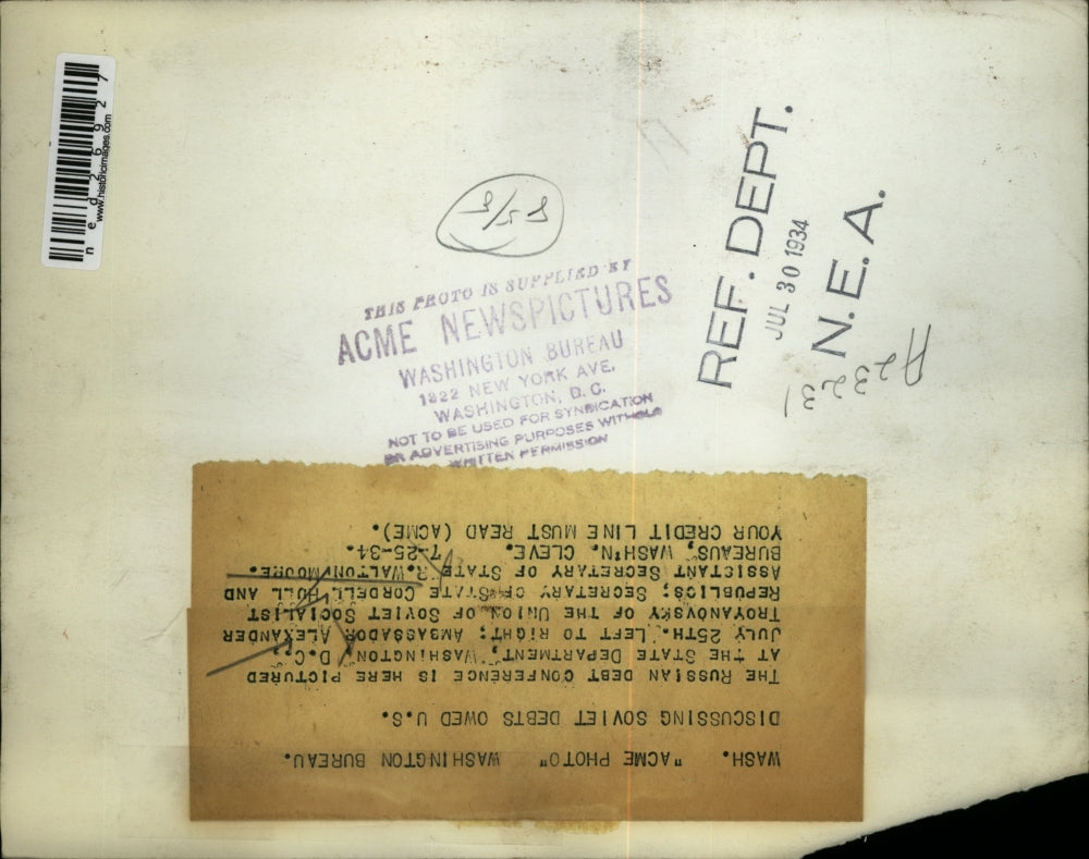 1934 Press Photo A. Troyanovsky, C. Hull & R.W. Moore discuss Soviet depts