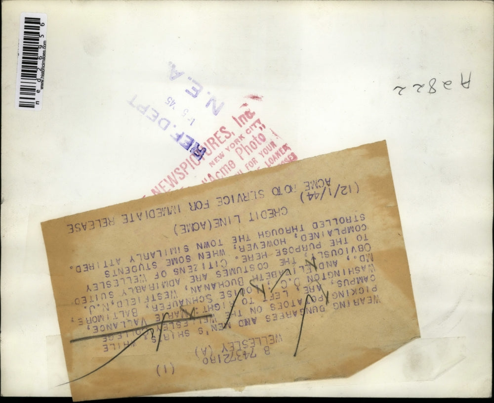 1944 Press Photo Picking potatoes on the Wellesley College Campus are Marie
