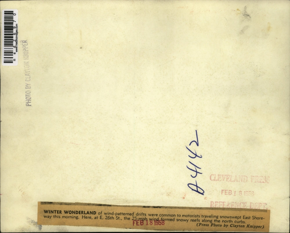 1958 Press Photo Winter Wonderland of wind patterned drifts on East Shoreway