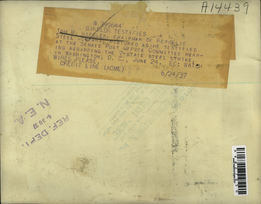 1937 Press Photo Tom Girdler testifies at Senate Post Office Committee Hearing