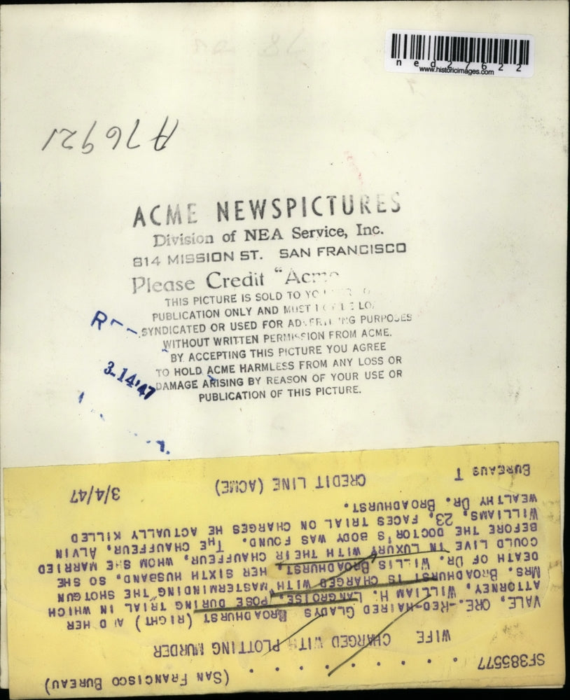 1947 Press Photo Gladys Broadhurst and attorney, William H. Langroise During