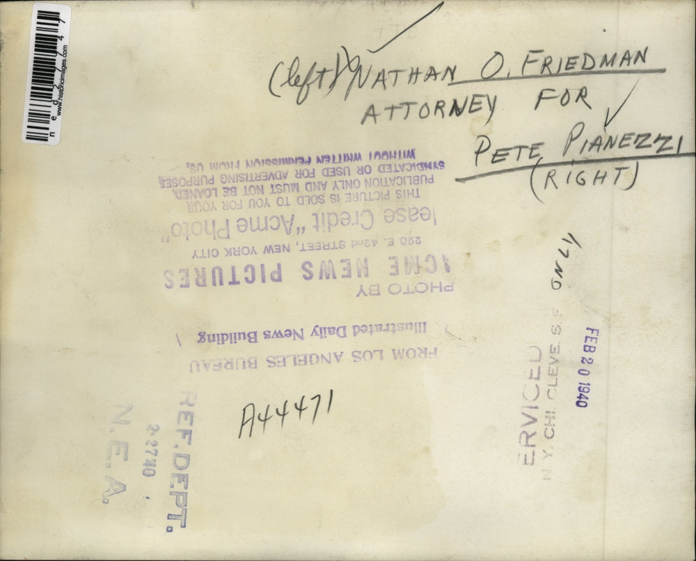 1940 Press Photo Attorney Nathan O. Friedman for Pete Pianezzi (right)