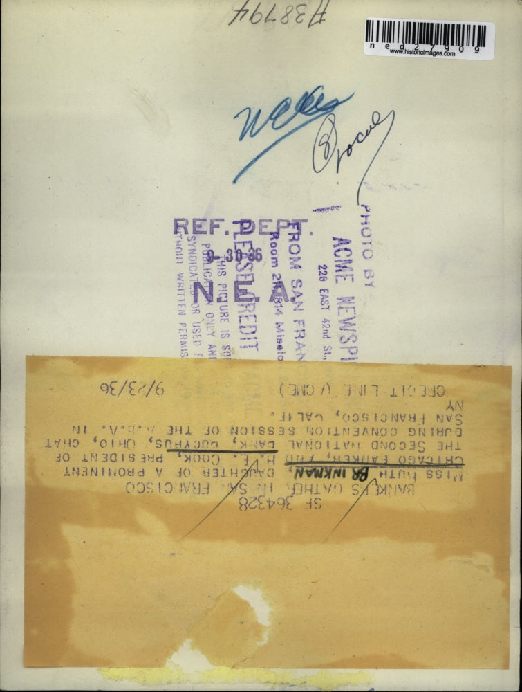 1936 Press Photo Ruth Brinkman and H.E. Cook chat during the A.B.A. in CA