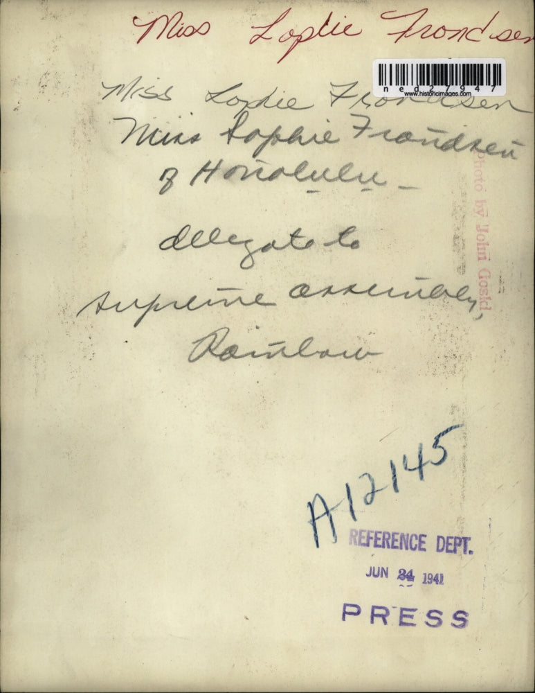 1941 Press Photo Miss Sophie Frondsen of Honolulu delegate to Supreme Assembly