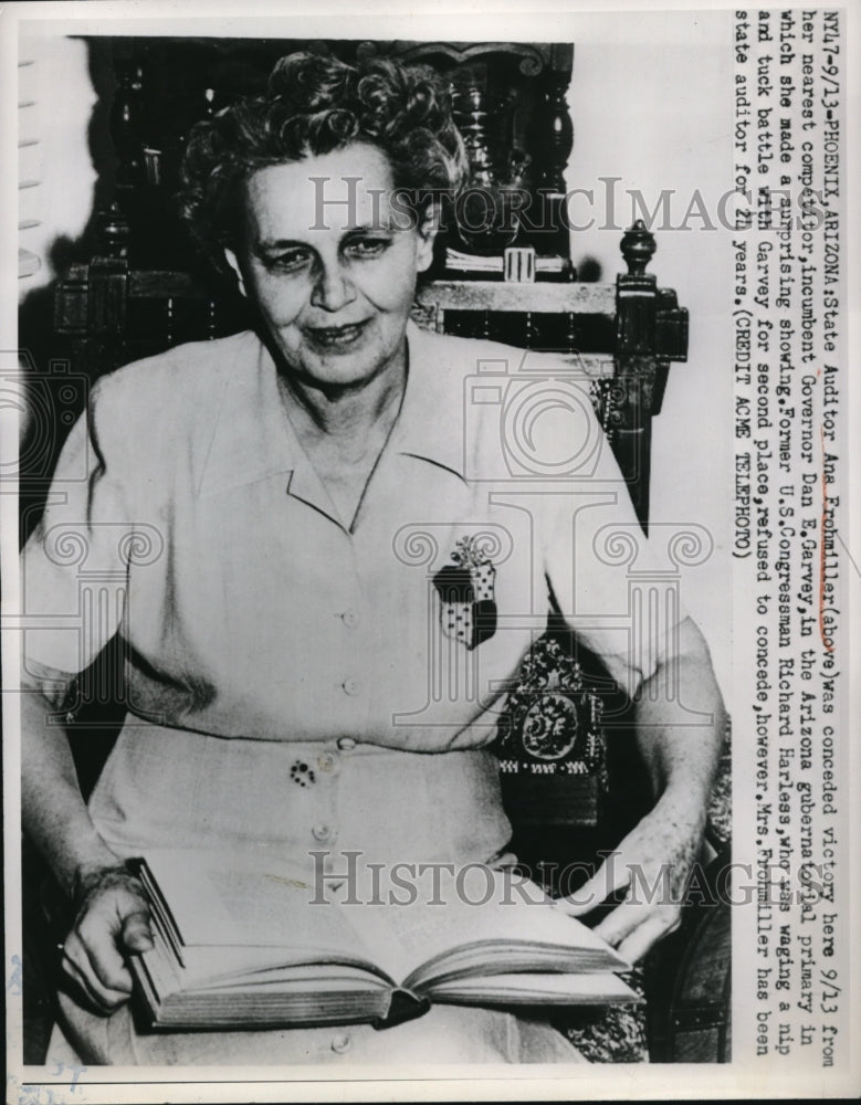 1950 Press Photo State Auditor Ana Frohmiller, Winner of Arizona Gubernatorial