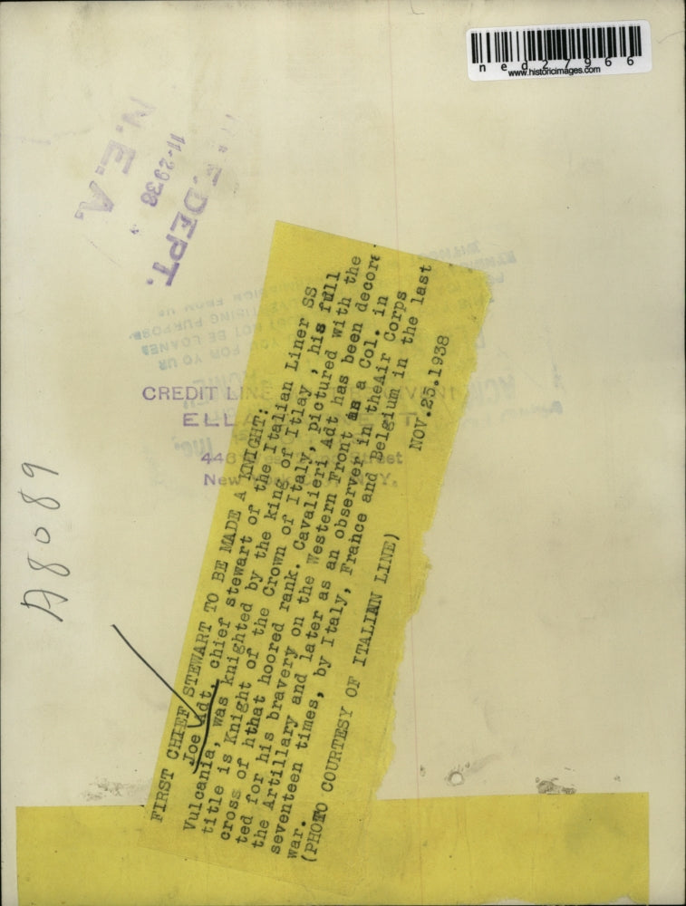 1938 Press Photo Joe Adt chief stewart of Italian Liner SS Vulcania was Knighted