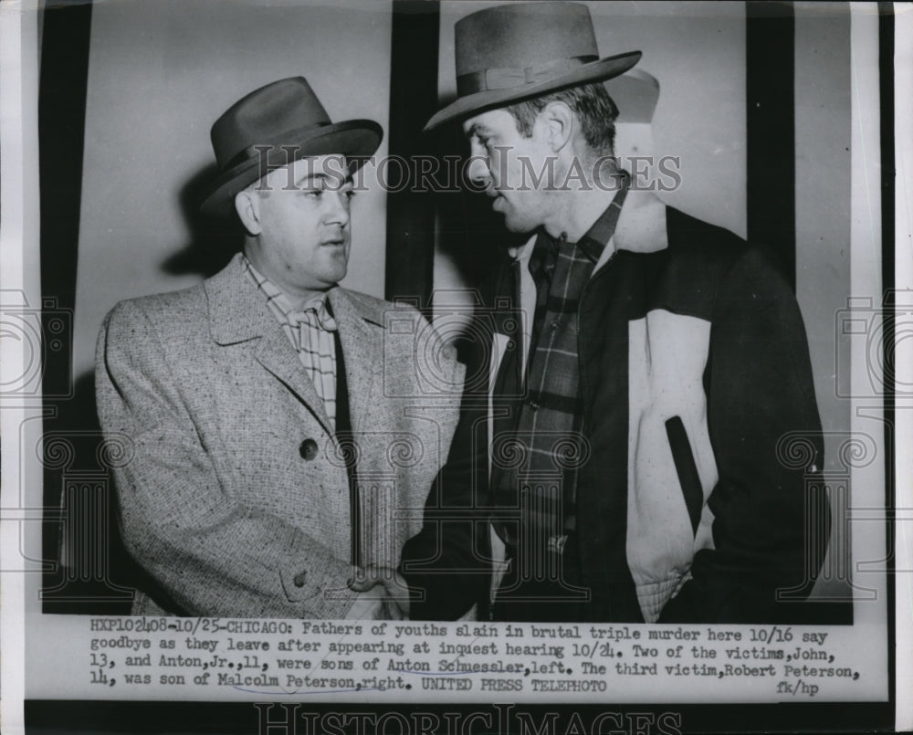 1955 Press Photo Anton Schuessler and Malsolm Petersonleave the inquest hearing