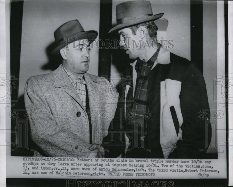 Load image into Gallery viewer, 1955 Press Photo Anton Schuessler and Malsolm Petersonleave the inquest hearing
