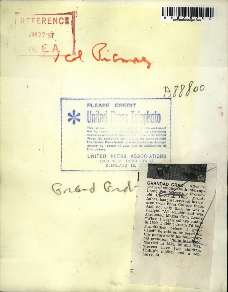 1957 Press Photo 45 year old grad Paul Stevens and grandson Phillip Markland