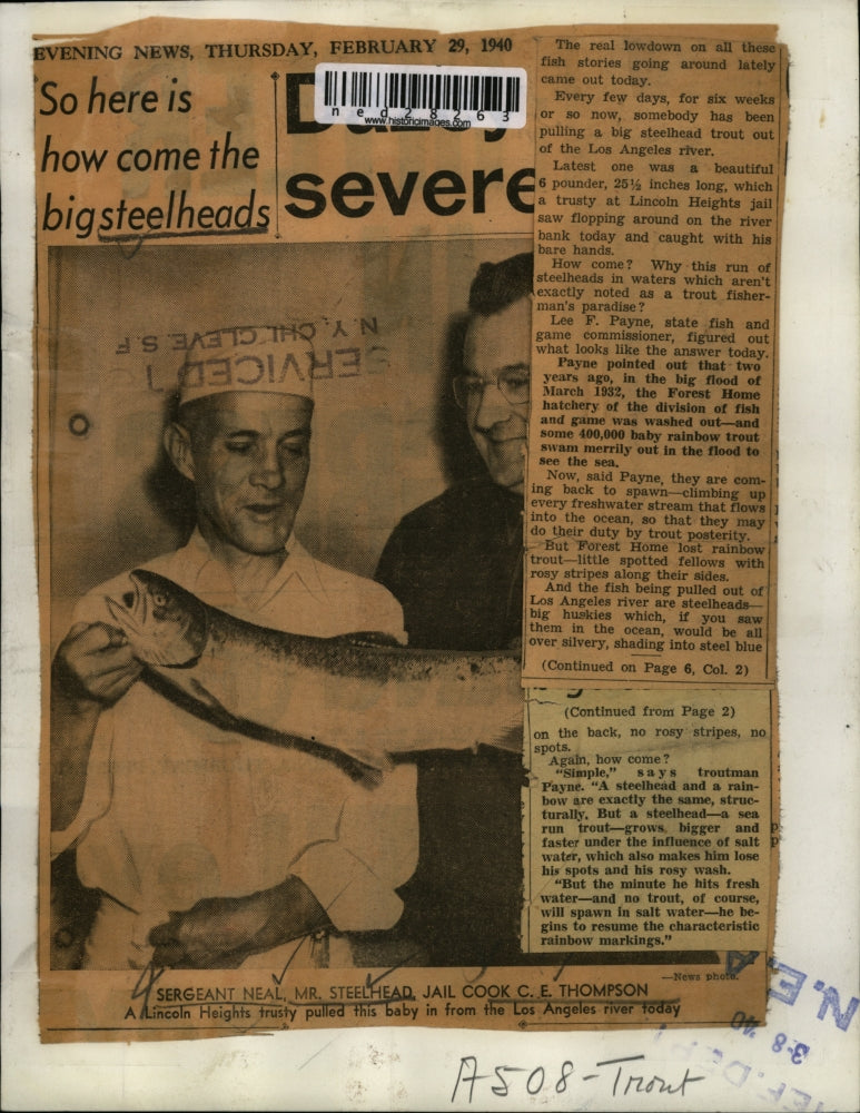 1940 Press Photo Sgt. Neal, Mr. Steelhead, & Jail Cook C.E. Thompson with fish