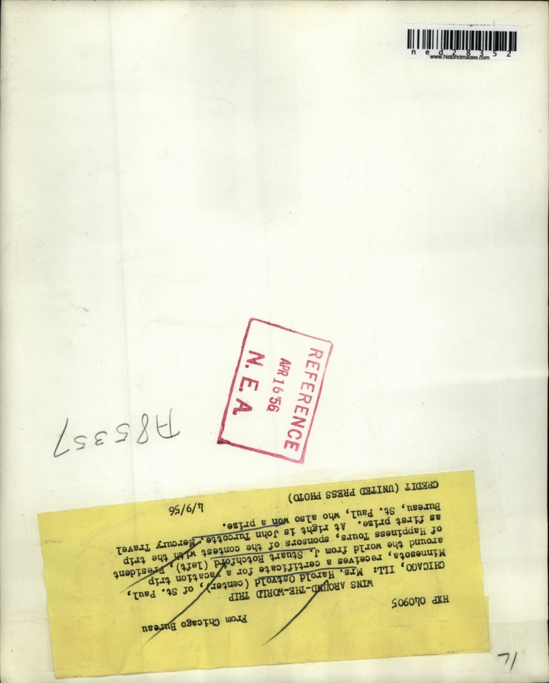 Load image into Gallery viewer, 1956 Press Photo Chicago Ill Mrs Harold Ostvoid receives certificate for trip
