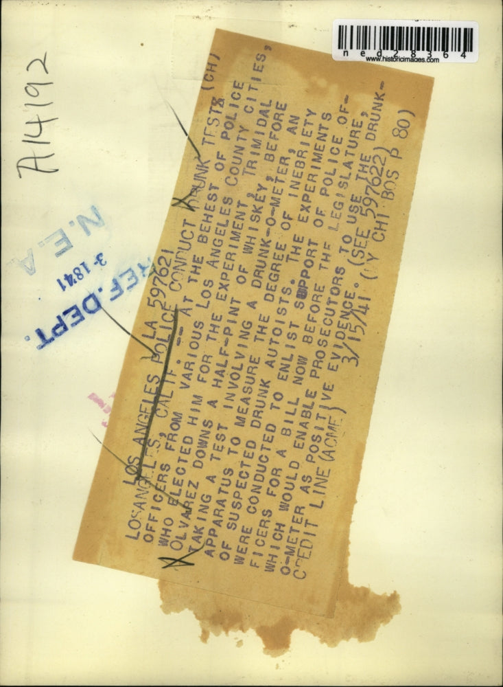 1941 Press Photo Los Angeles police conduct drunk tests.