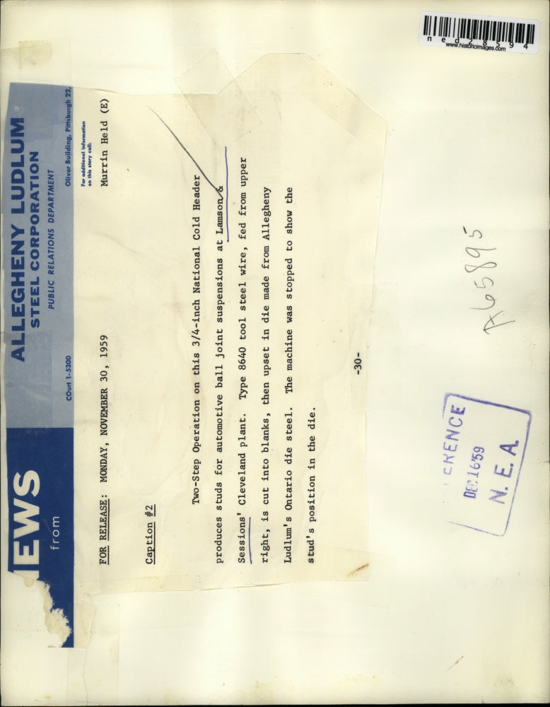 1959 Press Photo 2 step operation on this 3/4 inch national cold header produces