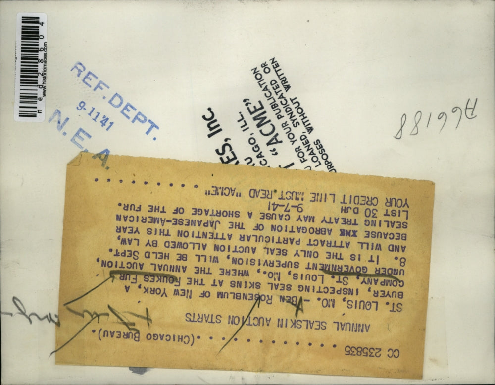 1941 Press Photo Ben Rosenblum Inspects Seal Skins At Foukes Fur Company