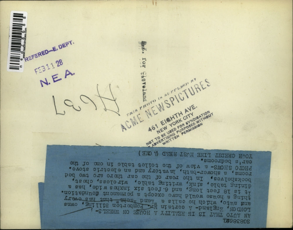 1928 Press Photo Mr. Pemberton Billing Owns An Auto That He Calls "Land Yacht"