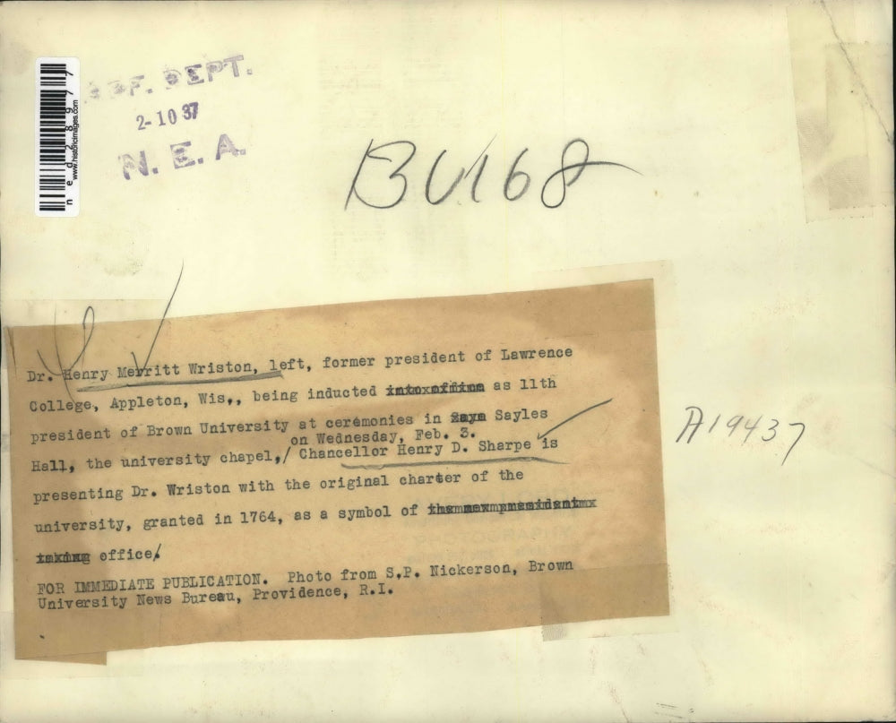 1937 Press Photo Dr. H.M. Wriston inducted by Chancellor H.D. Sharpe